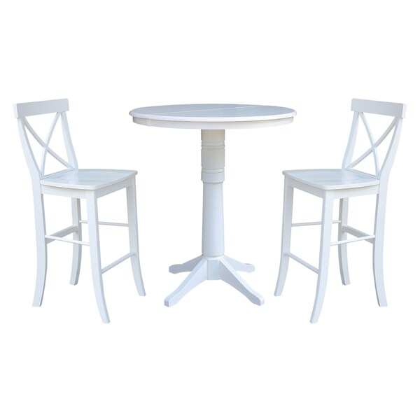 International Concepts Round 36 in Rd Extension Dining Table 40.9 inH, 2 X-Back Bar Height Stools, White, 36 W, 48 L, Wood K08-36RXT-27B-S6133 - main